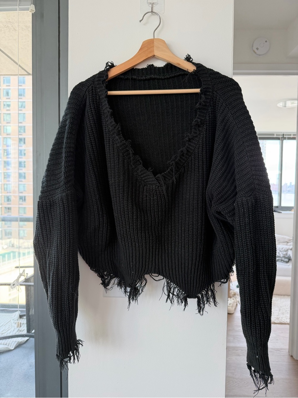 Black Distressed V-Neck Knit Sweater